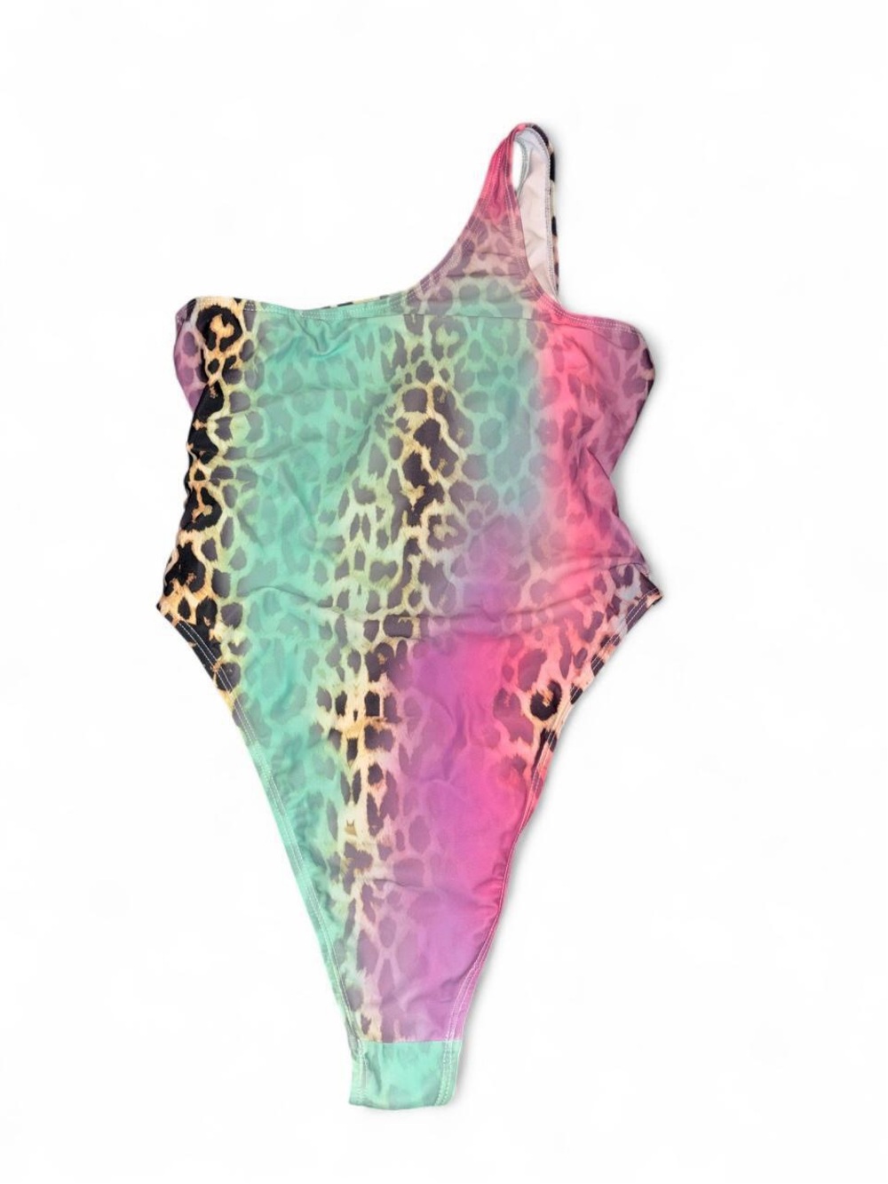 One-Shoulder Leopard Ombre Swimsuit - Pink & Green